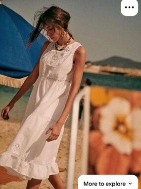 Sezane Zarri embroidered white/ecru lace midi dress.  Cotton/linen. Size 38